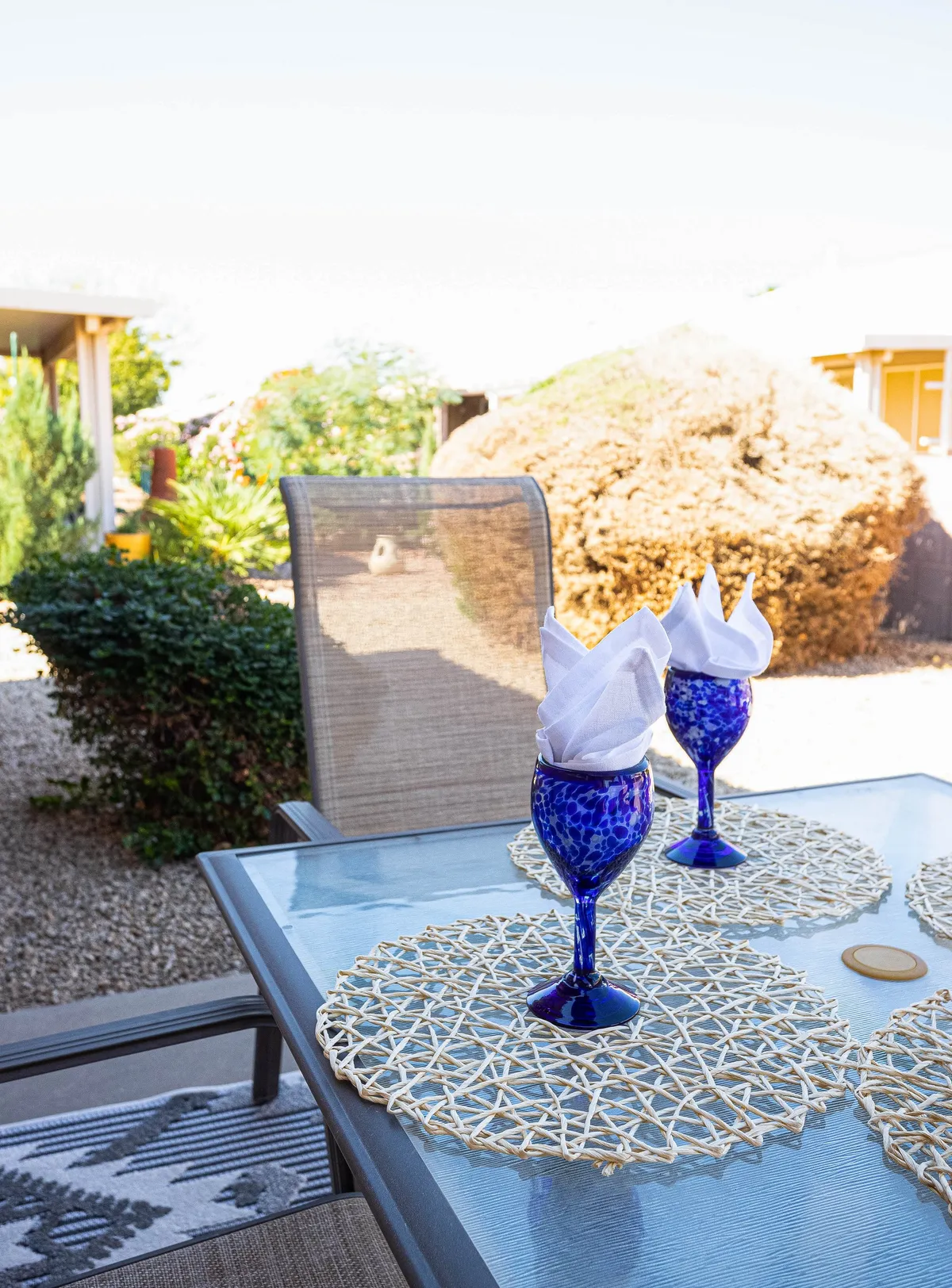 This exterior shot features a relaxed outdoor dining setup with blue wine glasses and woven placemats, set against a lush backdrop of greenery. The scene radiates a cheerful and inviting atmosphere, hinting at communal, leisurely gatherings under the Arizona sun.